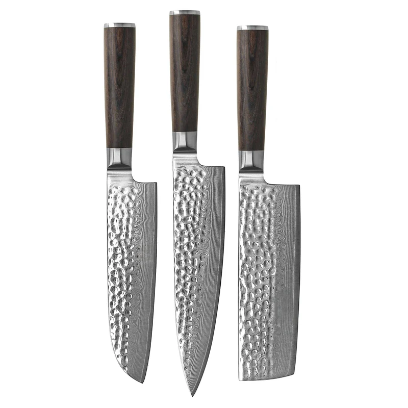Shinrai Knives - Hammered Damask BR 3-teiliges Messerset - Kochmesser + Nakiri + Santoku