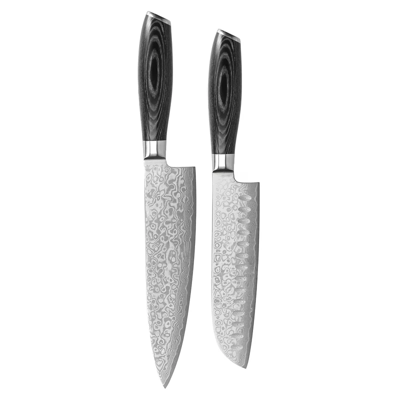 Shinrai Knives – 2-teiliges Messerset aus Damast-Pakkaholz – Kochmesser + Santokumesser