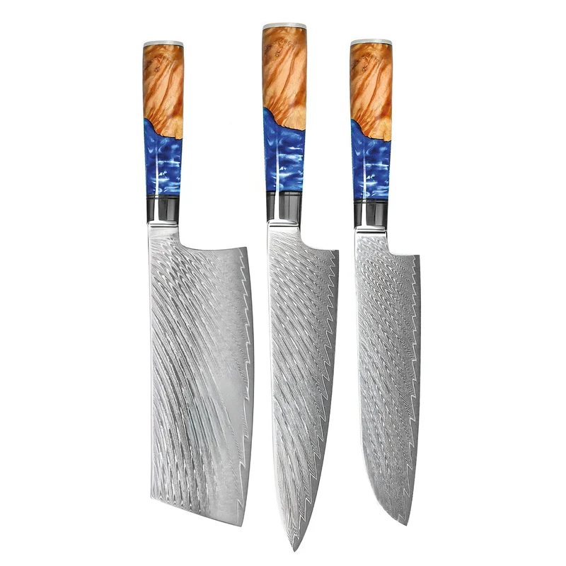 Shinrai Knives - Epoxy Saphir 3-teiliges Damastmesser-Set - Kochmesser + Nakiri + Santoku