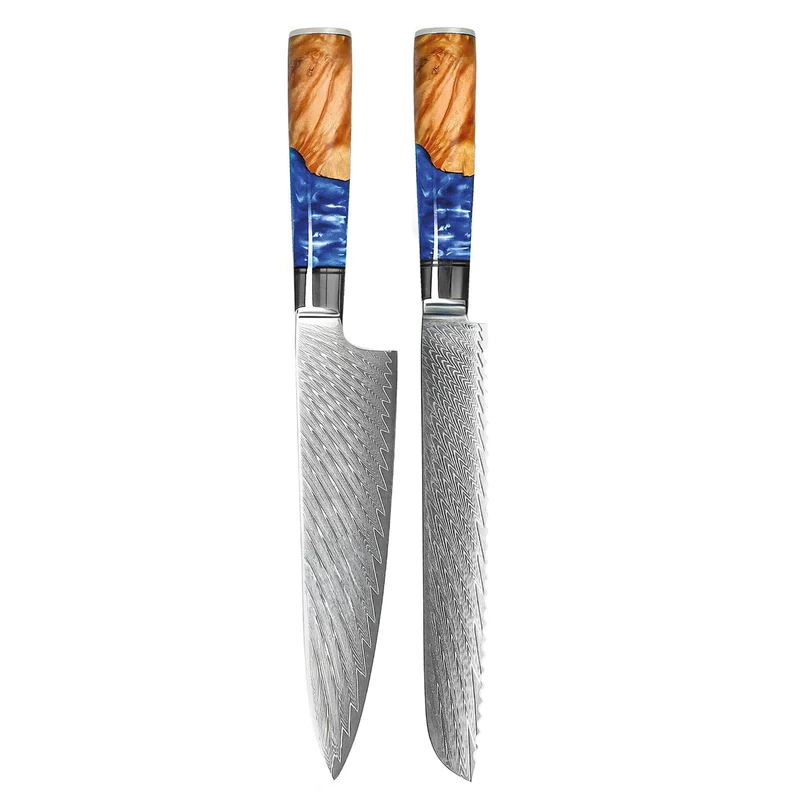 Shinrai Knives - Epoxy Saphir 2-teiliges Damastmesser-Set - Kochmesser + Brotmesser
