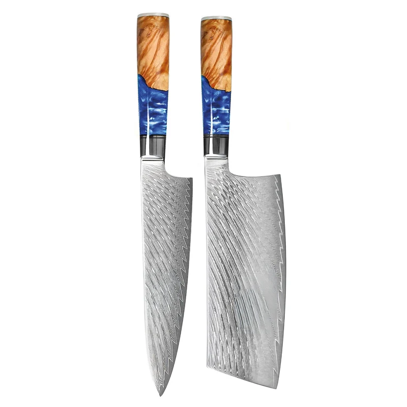 Shinrai Knives – Epoxy Saphir 2-teiliges Damastmesser-Set – Kochmesser + Nakiri