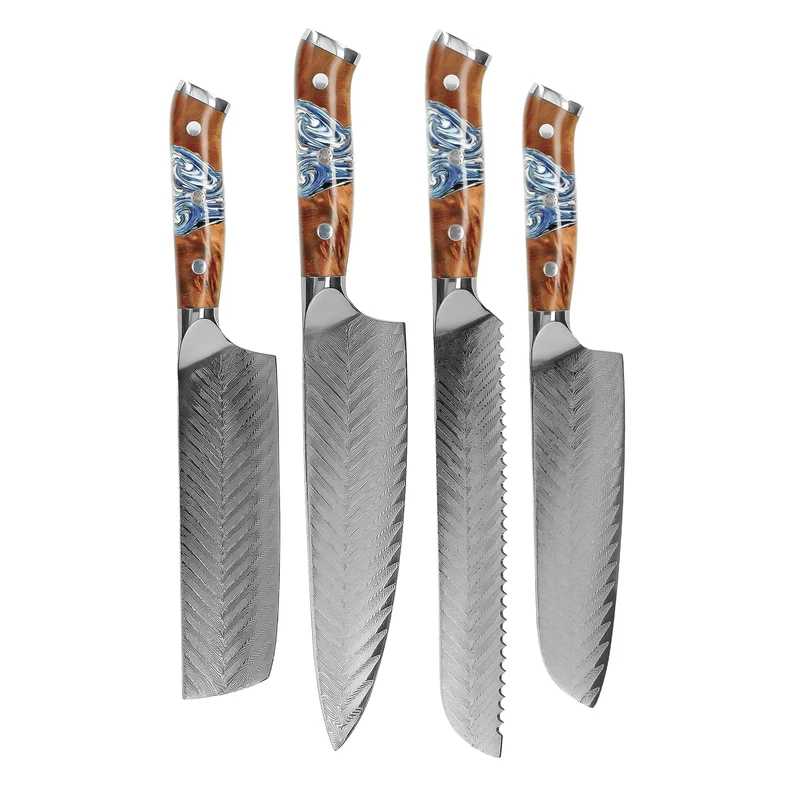 Shinrai Knives - Eclipse 4-teiliges Damastmesser-Set - Kochmesser + Nakiri + Santoku + Brotmesser