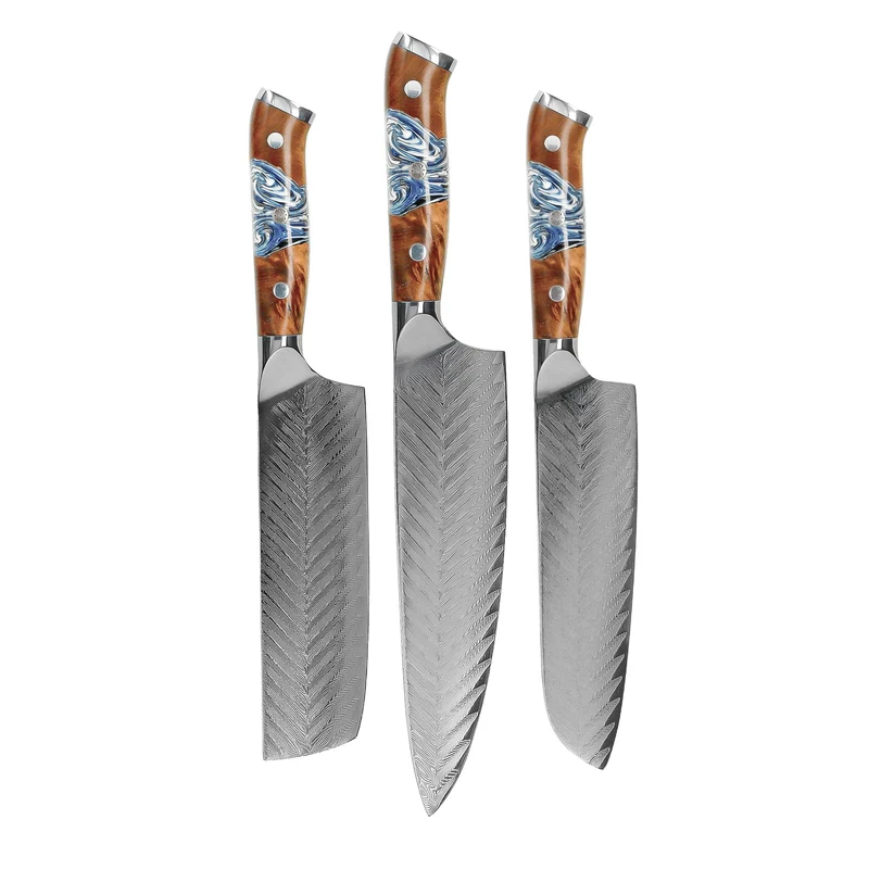 Shinrai Knives – Eclipse 3-teiliges Damaskus-Messerset – Kochmesser + Nakiri + Santoku