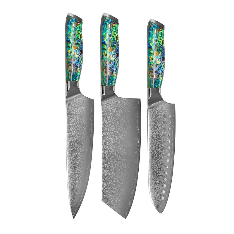 Shinrai Knives - Perlmutt-Juwelen 3-teiliges Damast-Messerset - Kochmesser + Nakiri + Santoku
