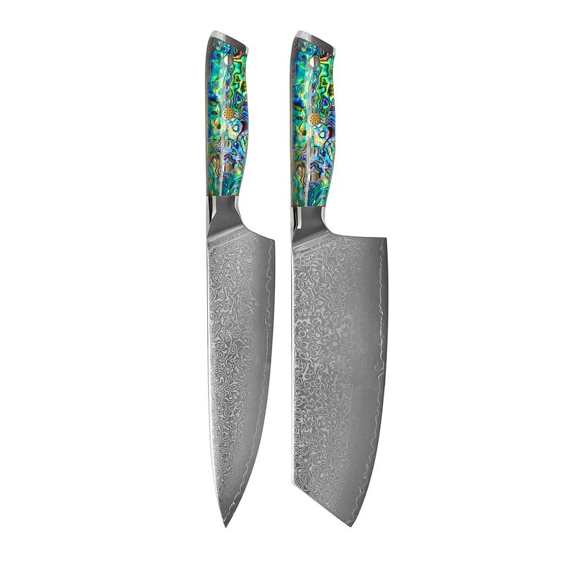 Shinrai Knives - Perlmutt-Juwelen 2-teiliges Damast-Messerset - Kochmesser + Nakiri