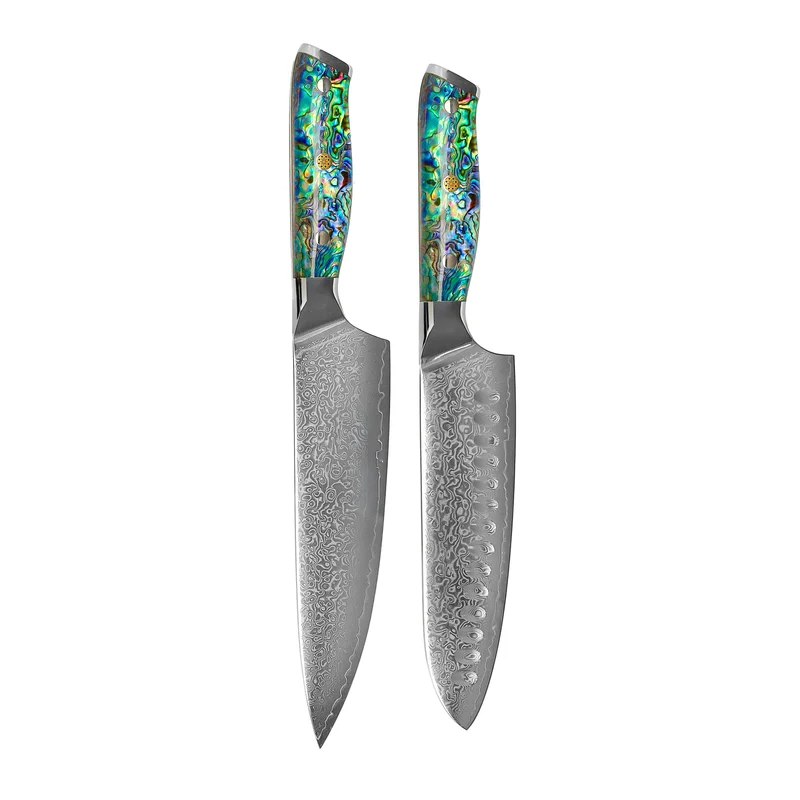 Shinrai Knives - Mother of Pearl Jewels 2-teiliges Damascus Messerset - Kochmesser + Santokumesser