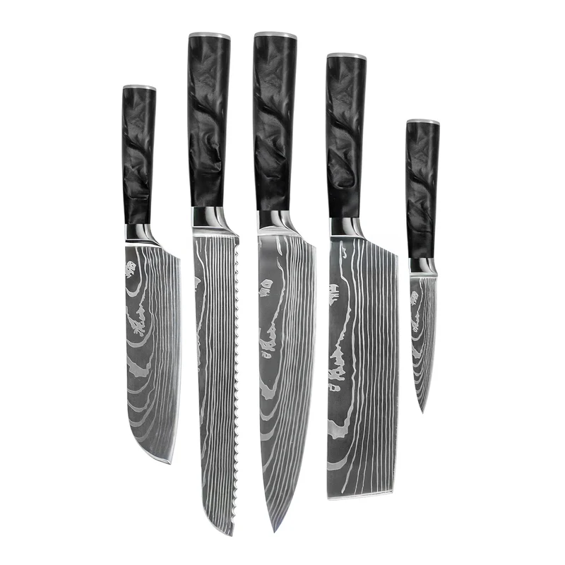Shinrai Knives – 5-teiliges Messerset mit Damascus-Print und Epoxy-Onyx – Kochmesser + Brotmesser + Nakiri + kleines Santoku + Schälmesser