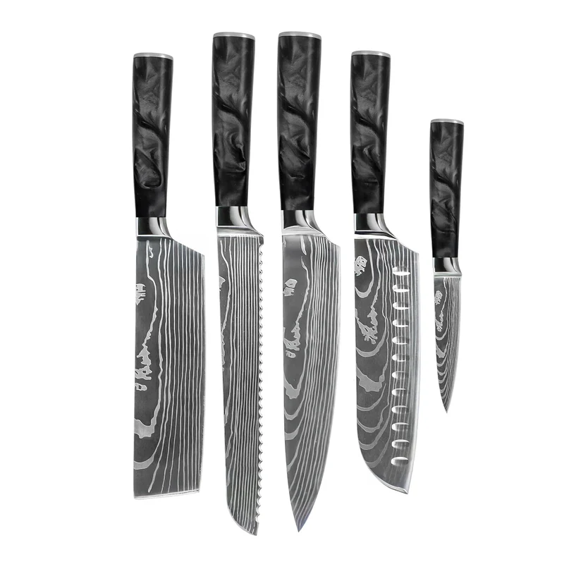 Shinrai Knives – 5-teiliges Messerset mit Damascus-Print und Epoxy-Onyx – Kochmesser + Brotmesser + Nakiri + Santoku + Schälmesser