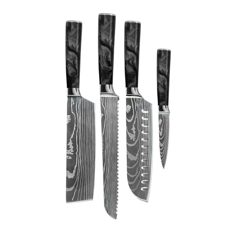 Shinrai Knives – 4-teiliges Messerset mit Damaszener-Print und Epoxid-Onyx – Santoku + Brotmesser + Nakiri + Schälmesser