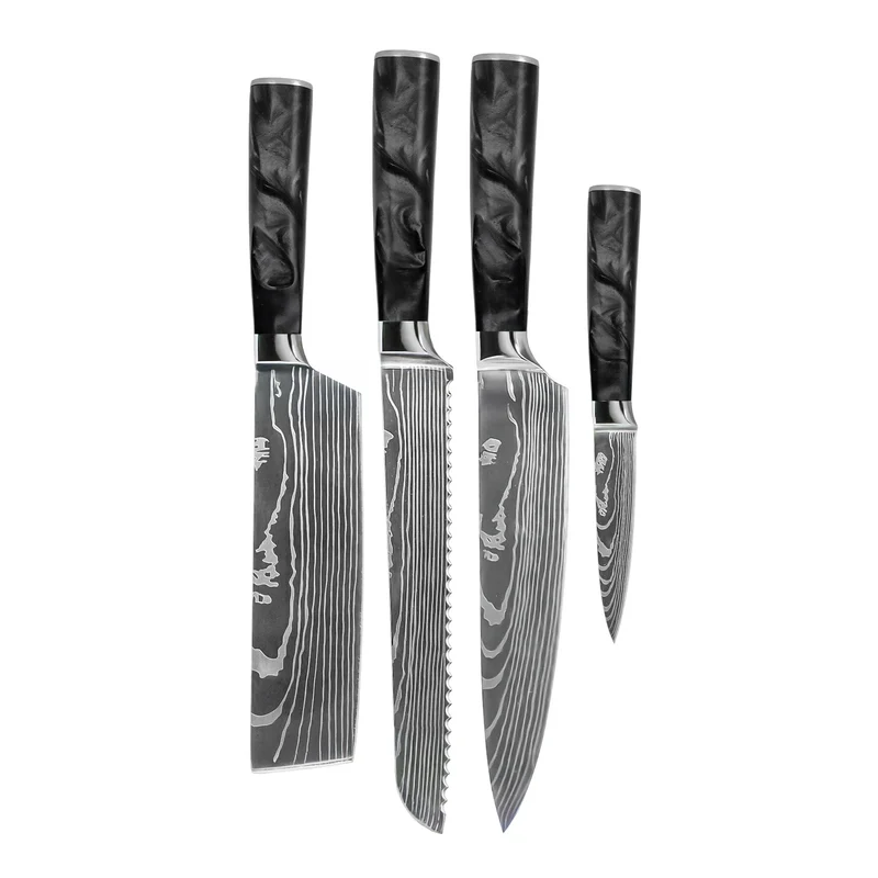 Shinrai Knives – 4-teiliges Messerset mit Damaszener-Print und Epoxid-Onyx – Kochmesser + Brotmesser + Nakiri + Schälmesser