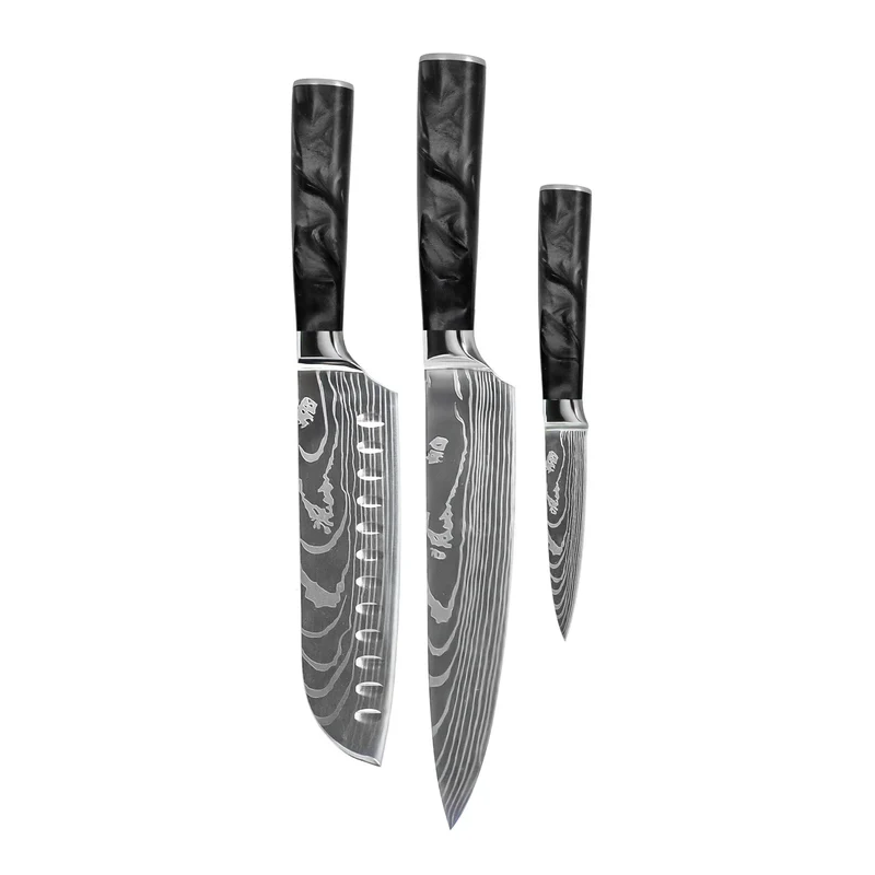 Shinrai Knives – 3-teiliges Messerset mit Damaszener-Print und Epoxid-Onyx – Kochmesser + Santoku + Schälmesser