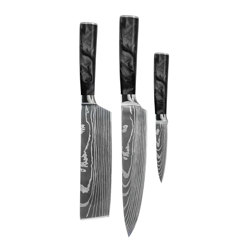 Shinrai Knives – 3-teiliges Messerset mit Damaszener-Print und Epoxid-Onyx – Kochmesser + Nakiri + Schälmesser