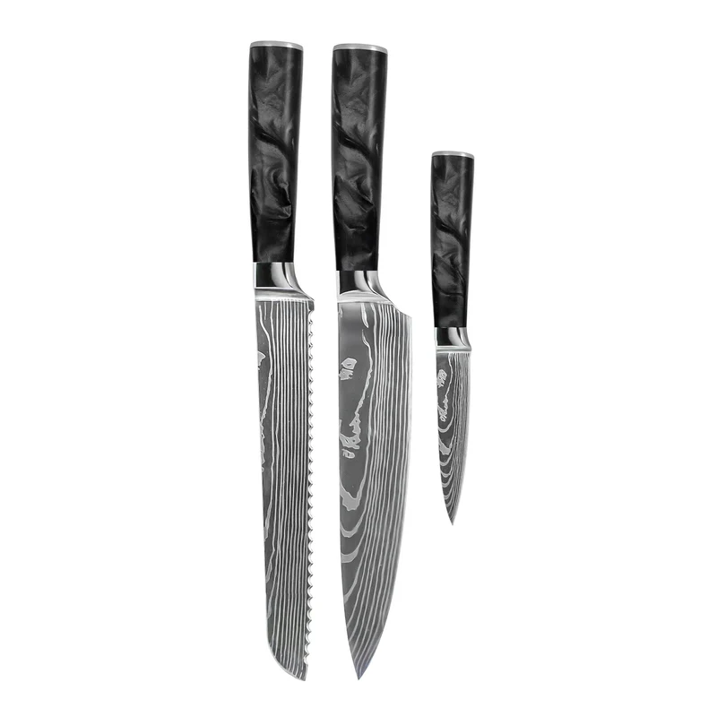 Shinrai Knives – 3-teiliges Messerset mit Damaszener-Print und Epoxid-Onyx – Kochmesser + Brotmesser + Schälmesser