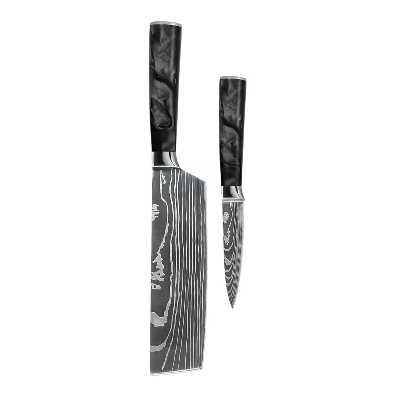 Shinrai Knives - Damascus Print Epoxy Onyx 2-teiliges Messerset - Nakiri + Schälmesser