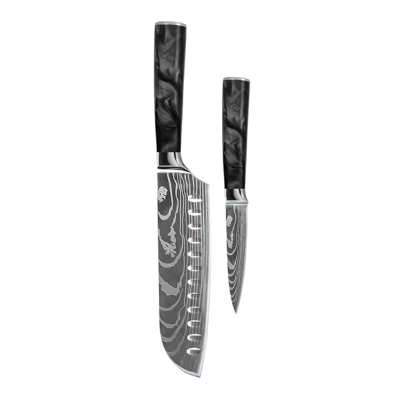 Shinrai Knives – 2-teiliges Messerset mit Damaszener-Print und Epoxid-Onyx – Santoku + Schälmesser