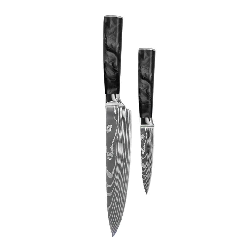 Shinrai Knives – 2-teiliges Messerset mit Damaszener-Print und Epoxid-Onyx – Kochmesser + Schälmesser