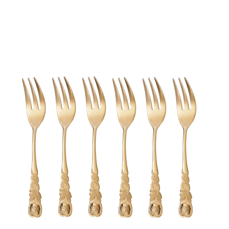 6 Stück Kuchengabel mit Rosendekor Goldfarben