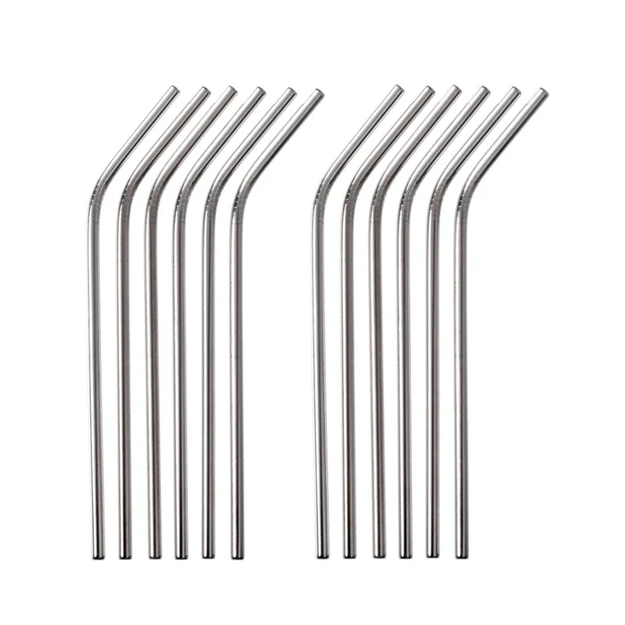12 teilig Edelstahl Trinkhalm Set Silber Gebogen