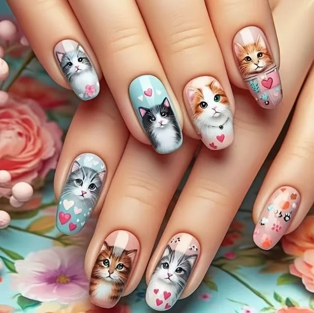 Künstlerische katzenmotivierte Nagelverlängerungen Karnz