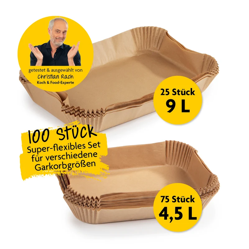 Backpapierschalen für Heißluftfritteusen 2er-Set (4,5 & 9 Liter) mit 2 Rezeptideen - 100 Stück