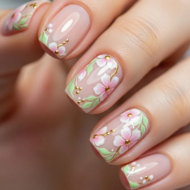 Elegant Floral Handgemalte Nagelkunst Karnz