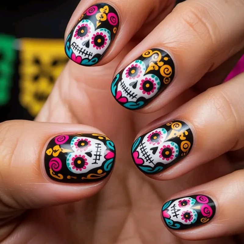 Künstlerische Zuckerschädel-Nagelkunst-Verlängerungen Karnz