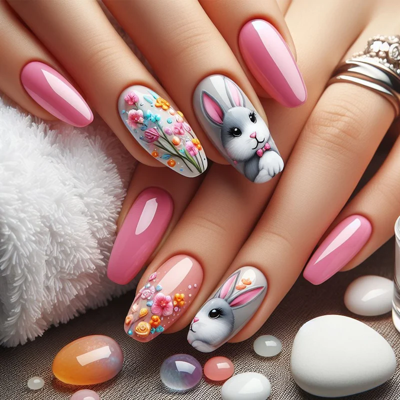 Künstlerische 3D Hasen- und Blumen-Nagelkunst Karnz