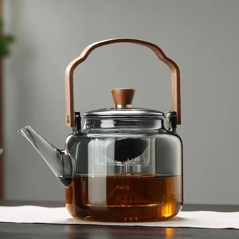 Eleganter Glas- und Holz-Teekessel für die perfekte Zubereitung von losen Teeblättern