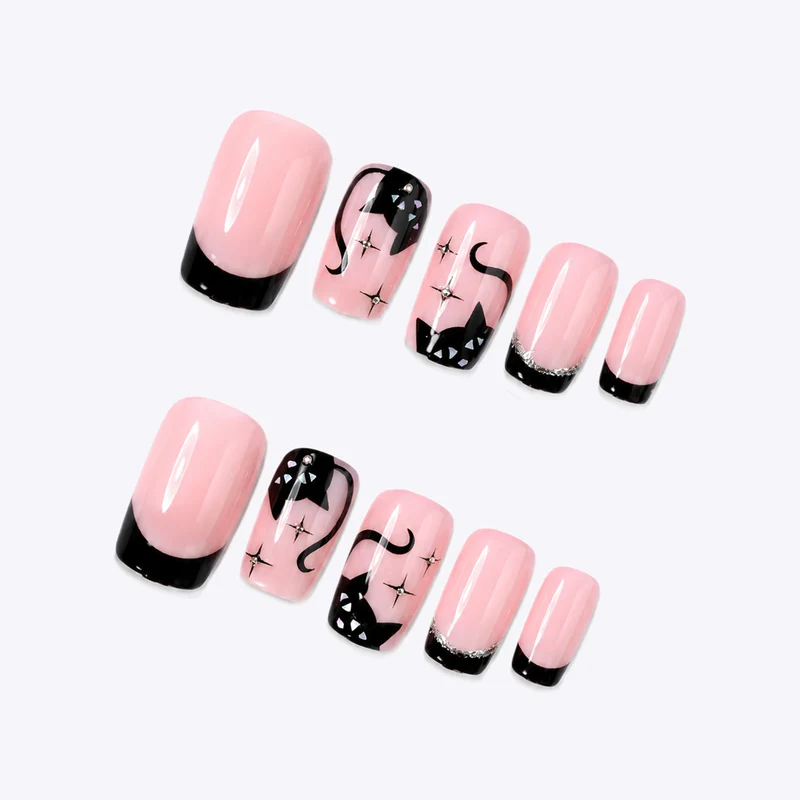 Kreatives Nagelset mit Katzen-Design und Glitzerdetails Karnz