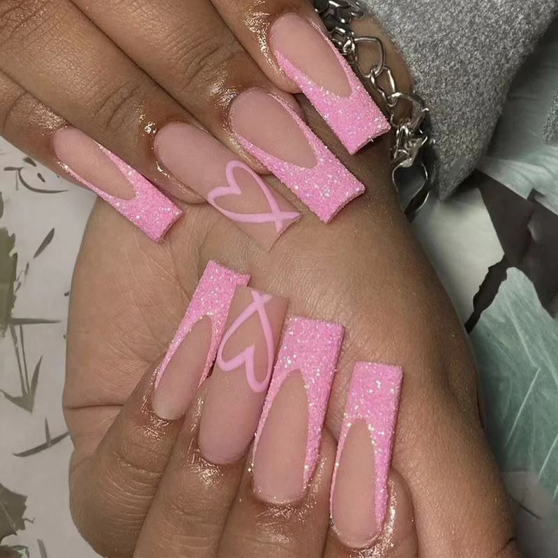 Glitzerndes Herz-Design Lange Press-On Nägel Karnz