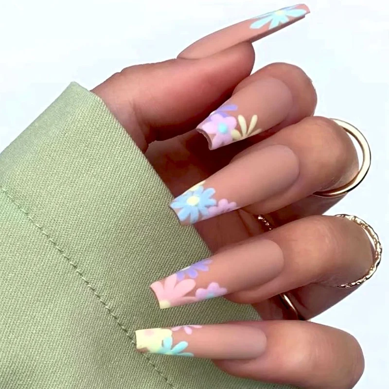 Florale Matte Lange Press-On Nägel Karnz