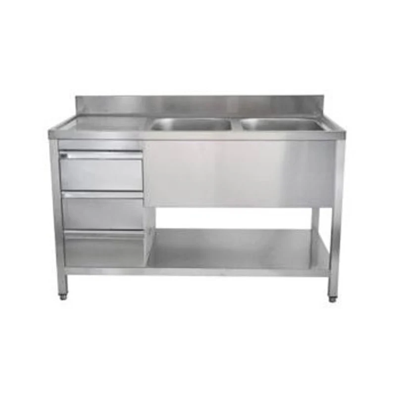 Spültisch mit Schubladenblock, 2 Becken rechts, Bautiefe 700 mm – 1400x700x850 mm