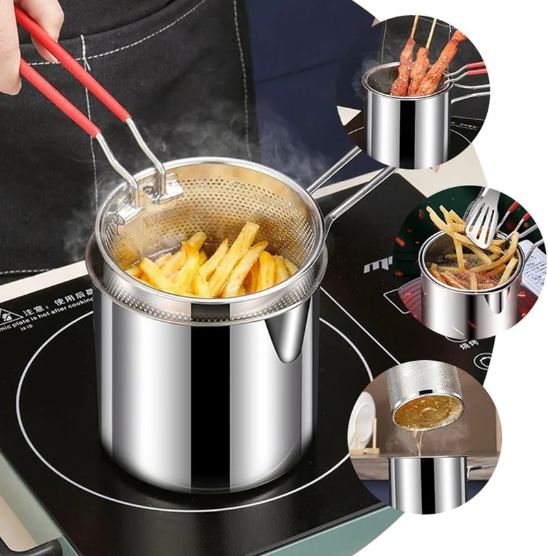 Edelstahl Frittiertopf mit Siebeinsatz | Öl-Sparender Frittier- & Kochtopf für Induktion und Gas | 13 cm