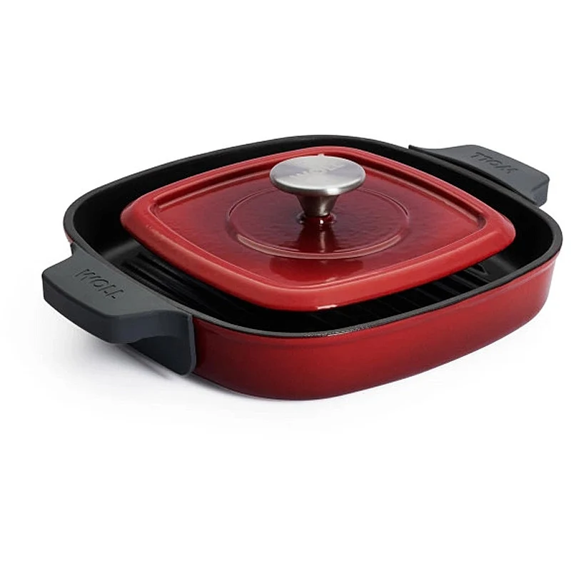 WOLL Guss-Steakpfanne, viereckig, mit Rillen, inkl. Steakpresse und Silikongriffen - 24x24 cm, Chili Red 624-2CI-010