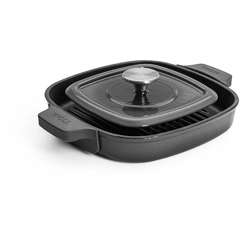 WOLL Guss-Steakpfanne, viereckig, mit Rillen, inkl. Steakpresse und Silikongriffen - 24x24 cm, Carbon Grey 624-2CI-030