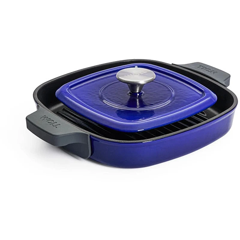 WOLL Guss-Steakpfanne, viereckig, mit Rillen, inkl. Steakpresse und Silikongriffen - 24x24 cm, Cobalt Blue 624-2CI-020