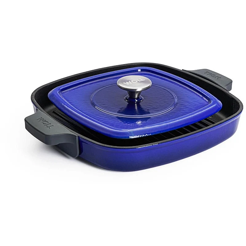 WOLL Steakpfanne 28x28cm Gusseisen Silikongriffschutz mit Steakpresse 628-2CI-020 Cobalt Blue
