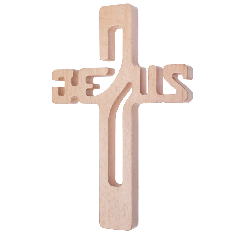 Hölzernes Hängekreuz Aufschrift JESUS natur 30x20x1,8cm