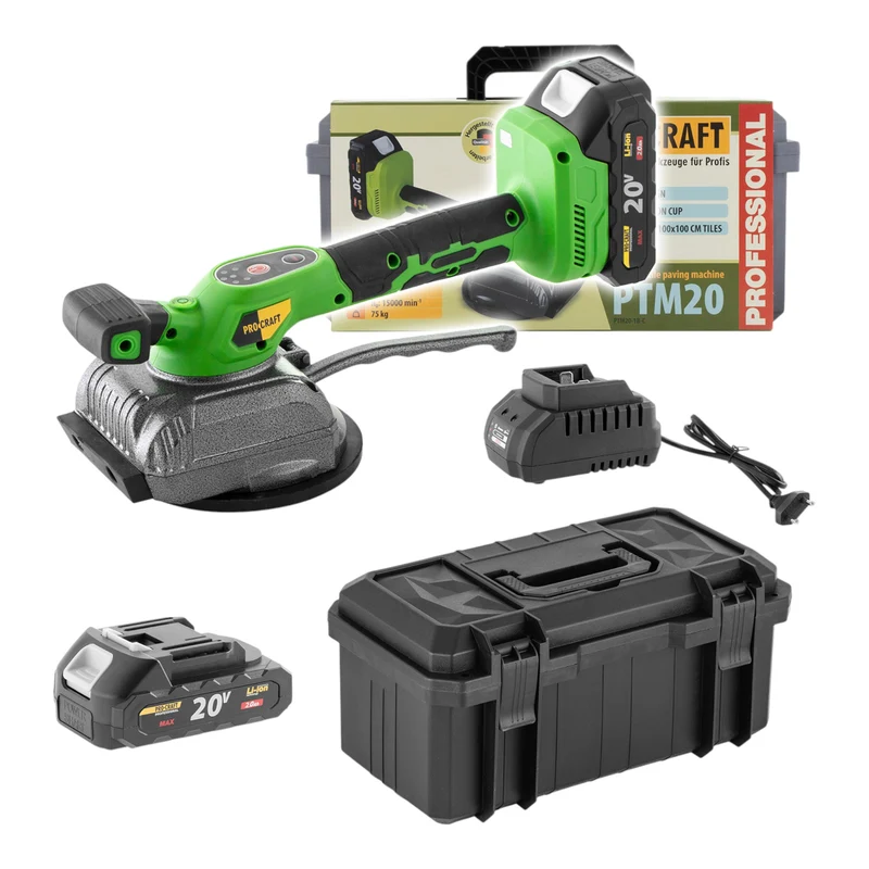 Procraft PTM20-1b-c Akku Vibration Fliesen Saugheber 20 V + 1x Akku 2,0 Ah + Ladegerät + Koffer