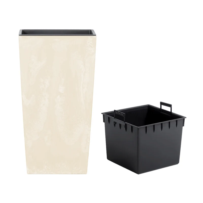 Urbi Square Beton Effect Blumentopf in Betonoptik Pflanzkübel 2 in 1 inkl. Pflanztopf Kunststoff Eckig (325x325x610mm, Creme)